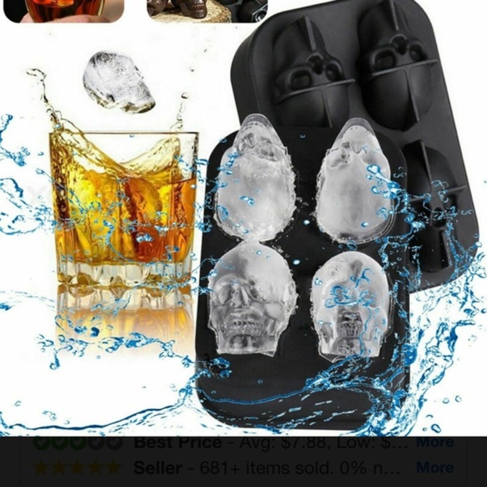 3D Black Skull‎ Ice Cube Tray or Mold Silicone